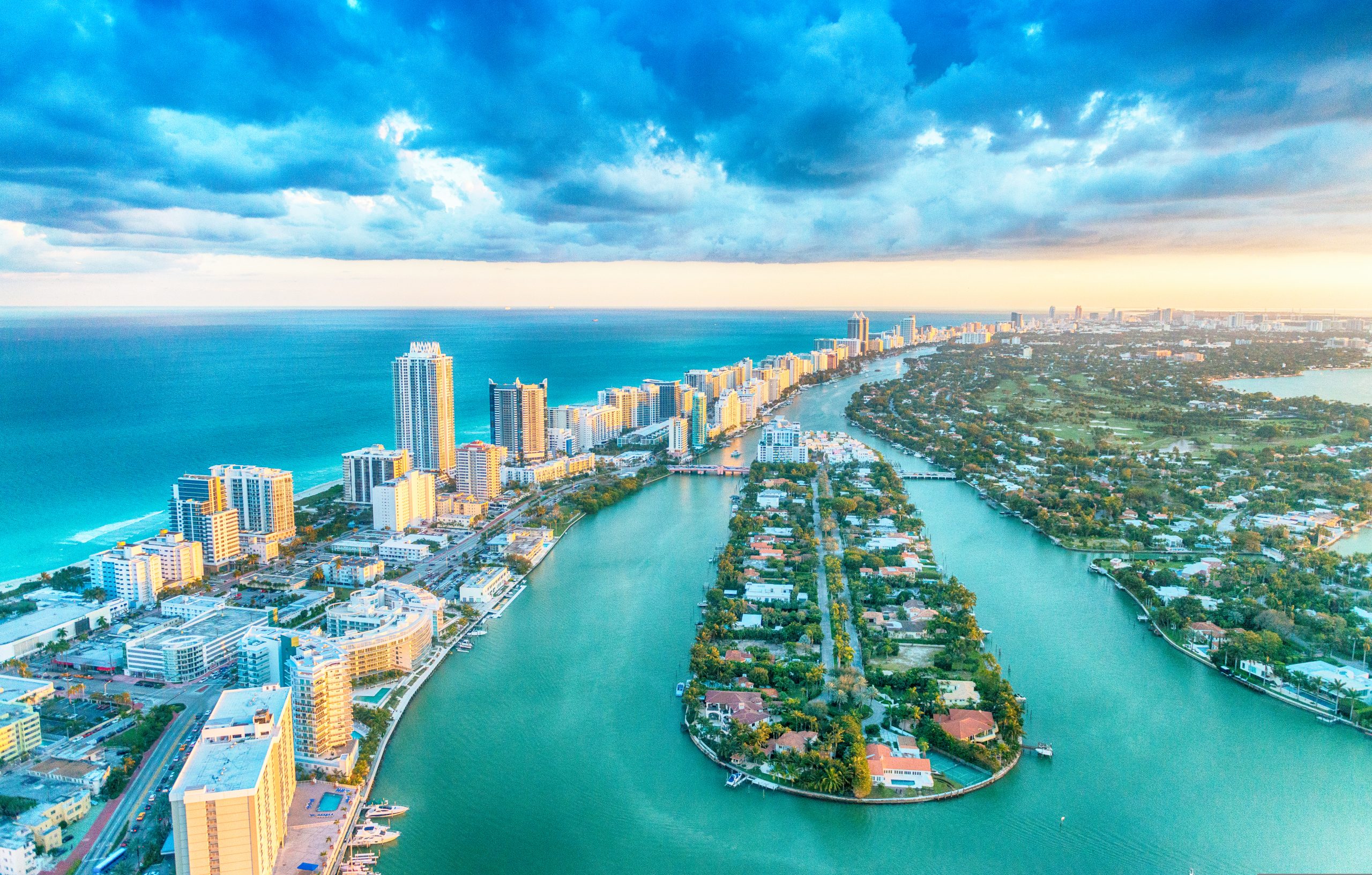 Miami,Beach,,Wonderful,Aerial,View,Of,Buildings,,River,And,Vegetation.